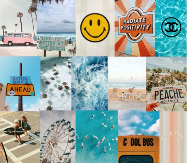 A summer aesthetic featuring beach scenes and ocean waves with summer vibes