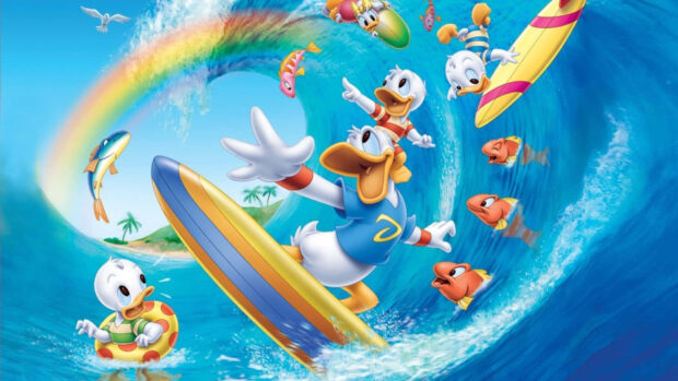 Animated ducks surfing on ocean waves with colorful fish and a rainbow in summer aesthetic