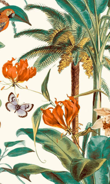 Tropical flowers and a butterfly among palm leaves and a parrot in a summer garden design