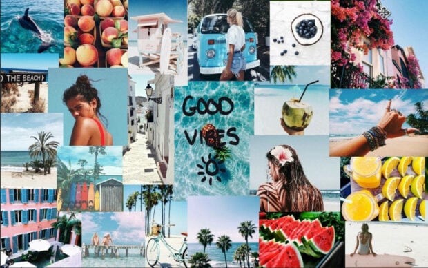 A summer collage featuring tropical fruits palm trees beach scenes and vibrant outdoor moments