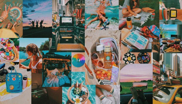 A vibrant summer collage featuring beach scenes city life and colorful summer essentials