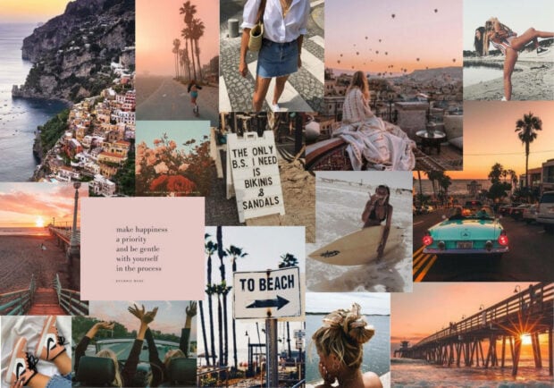 A summer collage featuring coastal views palm trees beach signs and casual summer outfits in HD quality
