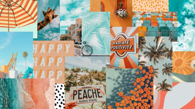 A summer collage featuring palm trees happy signs and tropical elements as a vibrant summer collage