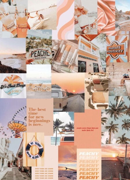 A summer collage featuring peach tones palm trees and positive vibes