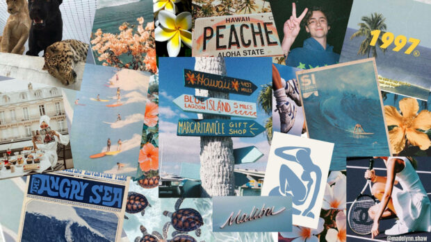 A summer collage featuring surfing scenes and tropical elements in a vibrant collage