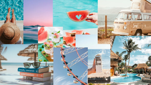 A vibrant summer collage featuring ocean waves sunglasses watermelon and tropical vacation scenes
