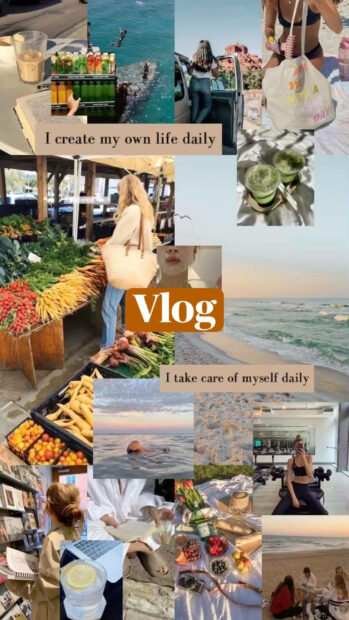 A collage of summer lifestyle featuring ocean swimming market fresh vegetables and relaxing moments