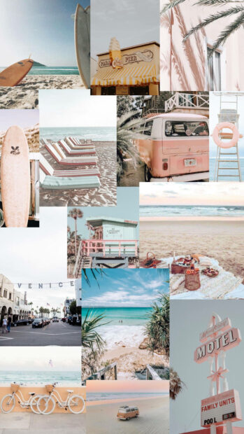 A summer collage featuring beach scenes skateboard and bicycles on the sand
