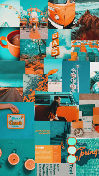 A vibrant summer collage featuring orange and teal elements like a van, flowers, beach chairs, and a gas sign