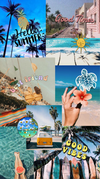 Summer collage featuring palm trees beaches and best friend moments in vibrant summer scenes