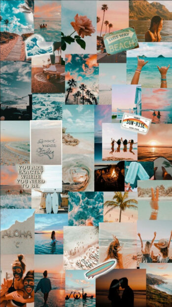 A summer collage showing beach scenes waves and palm trees on a sunny day