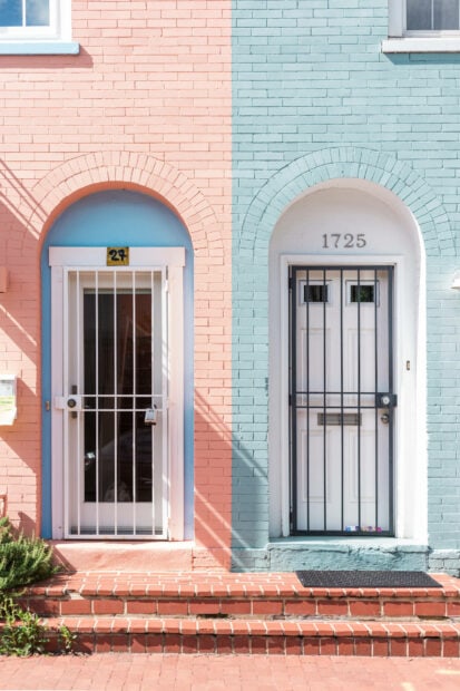 Two colorful doors side by side with pastel brick walls in summer collage