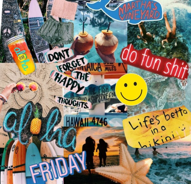 A summer collage featuring surfboards sunset beach scenes coconuts and tropical vibes