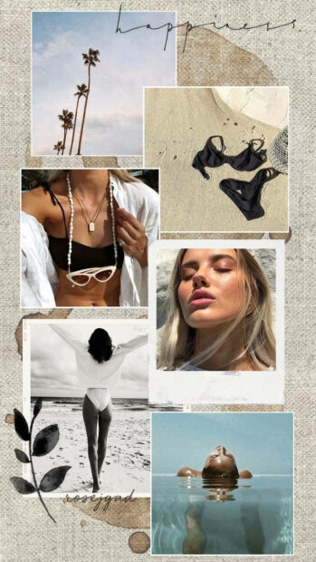 A summer collage with palm trees bikini set and sunbathing woman