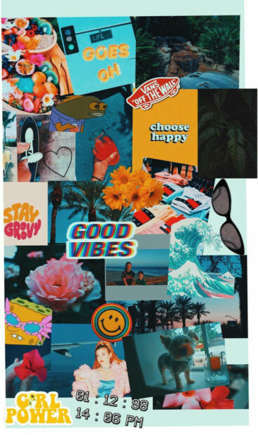 A vibrant summer collage featuring flowers palm trees good vibes and happy quotes