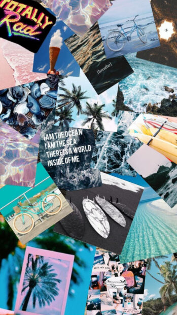 A vibrant summer collage with ocean waves palm trees bicycles and inspirational quotes