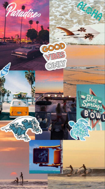 Summer collage featuring surfing scenes and coastal elements at sunset