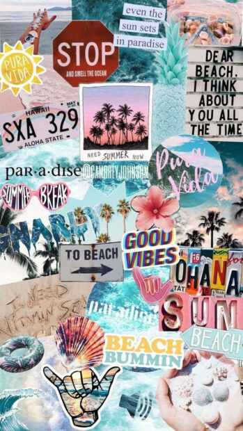 Summer collage with palm trees shells and beach vibes in a tropical paradise