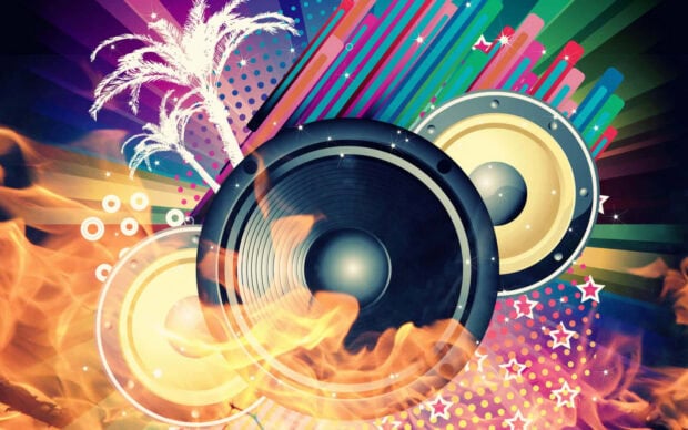Vibrant summer vibes with speakers flames and palm trees in a colorful design