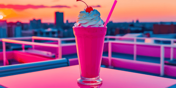 Creamy milkshake with cherry on top on sunset rooftop summer vibes