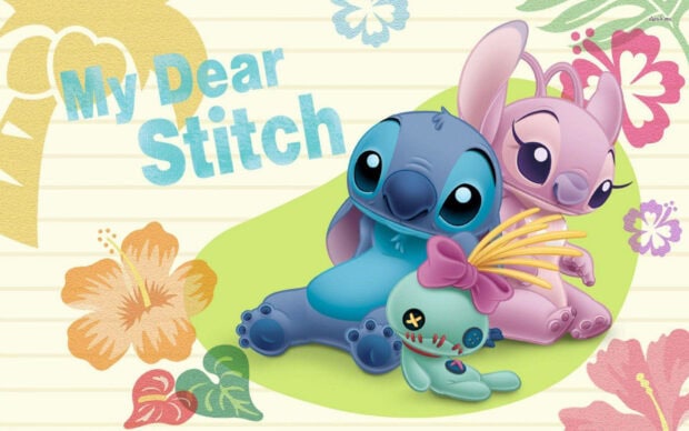 Cute characters sitting together in a summer scene with Stitch and friends in vibrant colors
