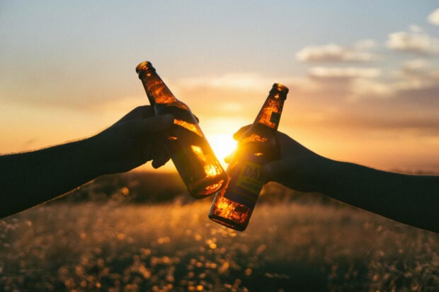 Two hands holding bottles with summer vibes at sunset in a field