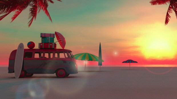 Vintage van with surfboard and summer vibes at sunset on the beach