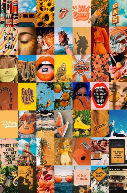 A vibrant collage of summer vibes featuring orange hues and positivity surrounded by bright sunflowers and smiling faces