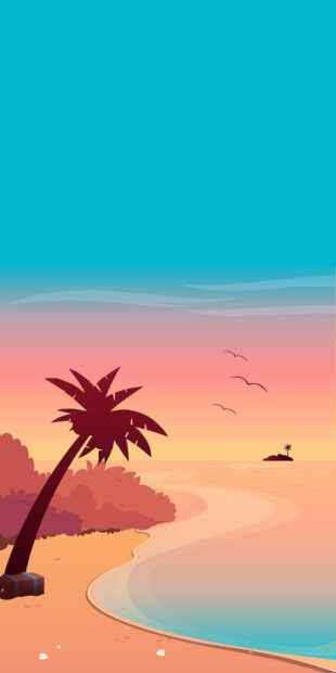 A peaceful summer scene with palm tree and ocean waves at sunset on a tropical island