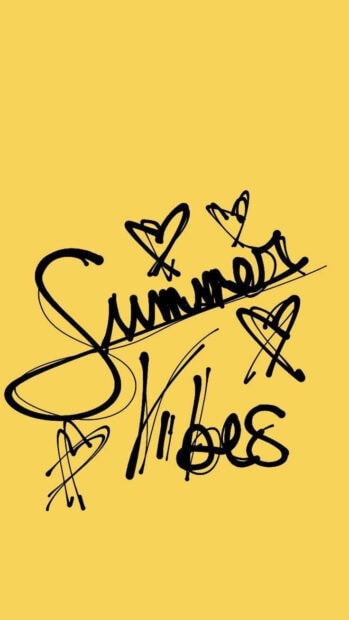 Handwritten summer vibes with hearts on yellow background