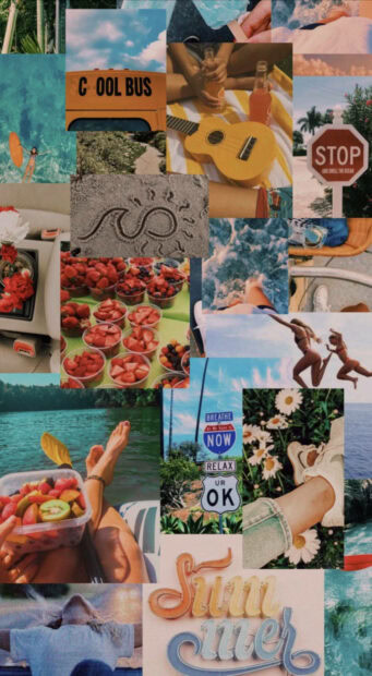 A collage of summer moments including fruits beach scenes and outdoor relaxation with summer vibes