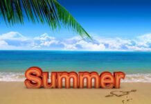 A summer scene with a sandy beach ocean waves and palm leaves under a clear blue sky
