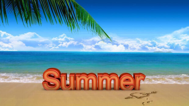A summer scene with a sandy beach ocean waves and palm leaves under a clear blue sky