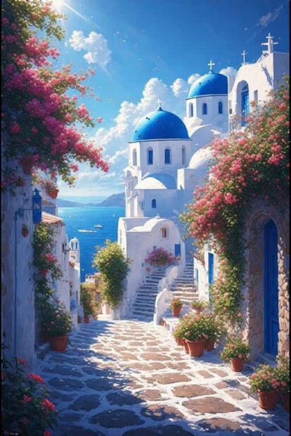 A summer scene with white buildings and blue domes overlooking the sea on a sunny day