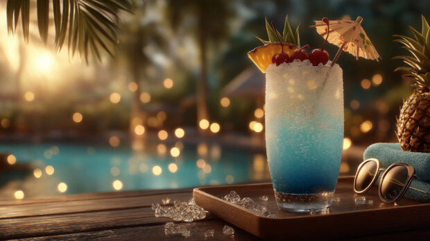 A refreshing summer drink with cherries and pineapple on a wooden table near the pool