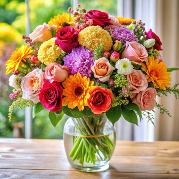 A vibrant bouquet of summer flowers in a clear glass vase on a wooden table displaying roses and marigolds