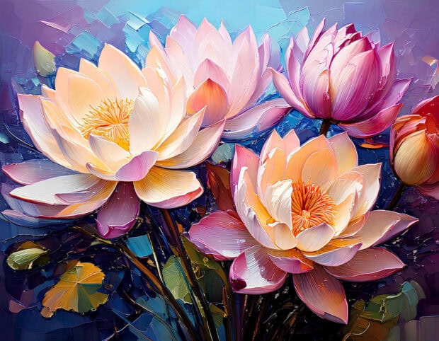 Beautiful lotus flowers in summer bloom with vibrant petals and lush green leaves
