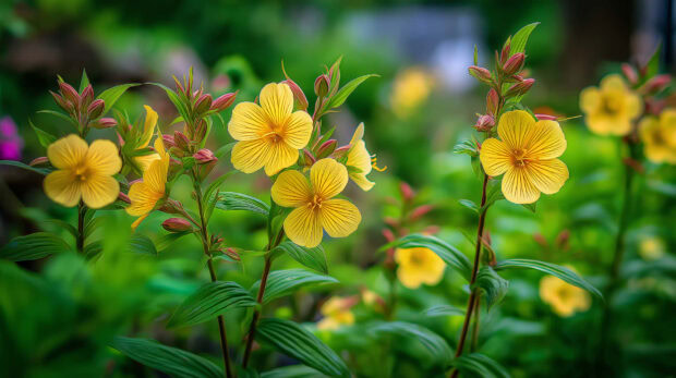 Bright yellow flowers blooming in summer garden with lush green leaves