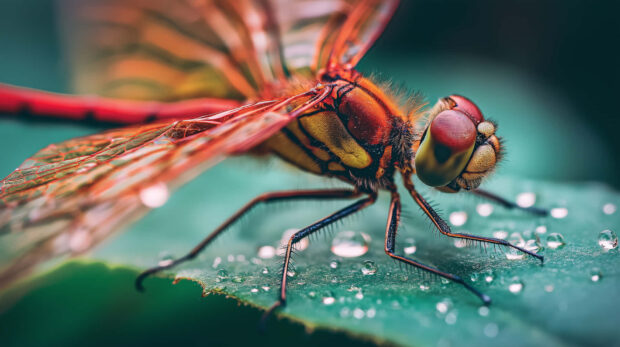 Close up of insect with detailed wings sitting on green leaf in summer