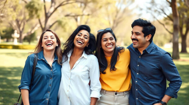 Four friends enjoying summer together in a park with green trees and bright sunlight