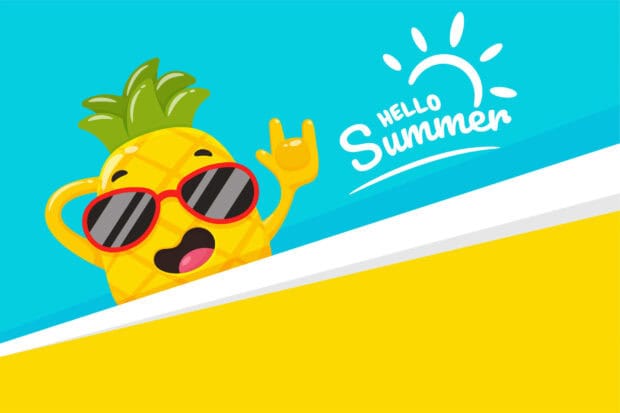 Happy pineapple character wearing sunglasses with summer text on blue background