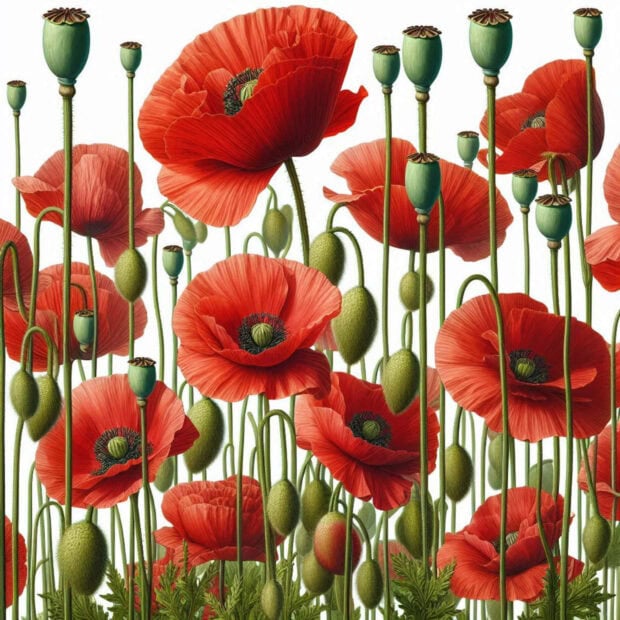 Red poppy flower field with green stems in summer scenery