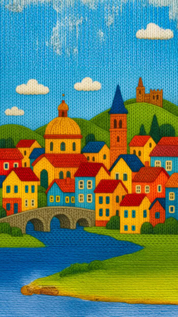 A colorful knitted town with a river bridge and summer hills in the background