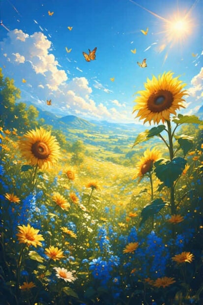 A vibrant summer field of sunflowers and butterflies under a bright blue sky with sun rays