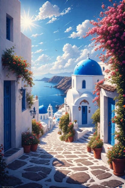 Summer Wallpaper Mobile Bright summer day with coastal village and vibrant flowers under clear sky