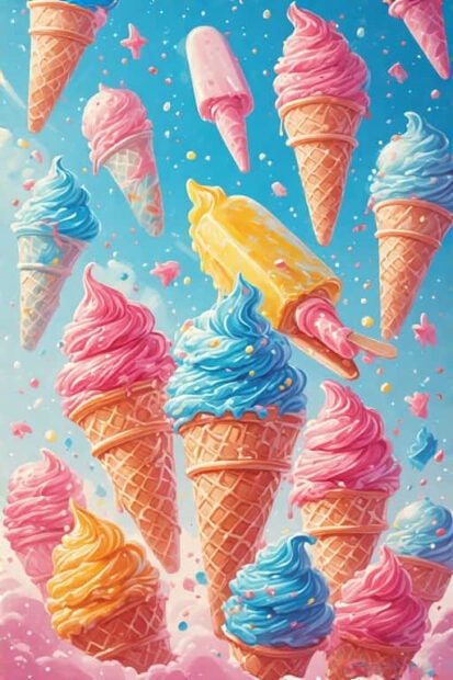 Colorful ice cream cones and popsicles floating in the sky with a summer vibe