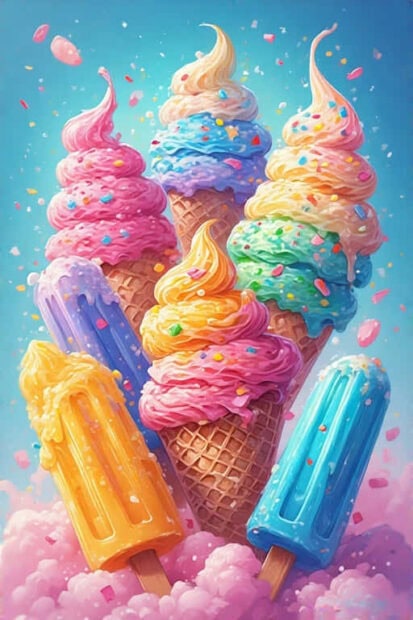 Colorful summer cones and popsicles with sprinkles on a bright summer sky background