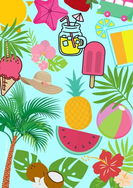 Tropical fruit and summer hat with palm leaves and flowers illustration