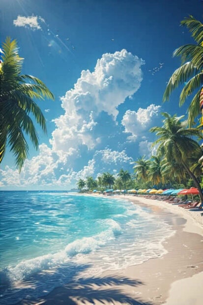 Tropical summer scene with palm trees and clear blue ocean waves on a sunny beach