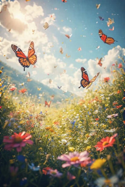 Vibrant summer field with butterflies flying over colorful flowers under a bright sky